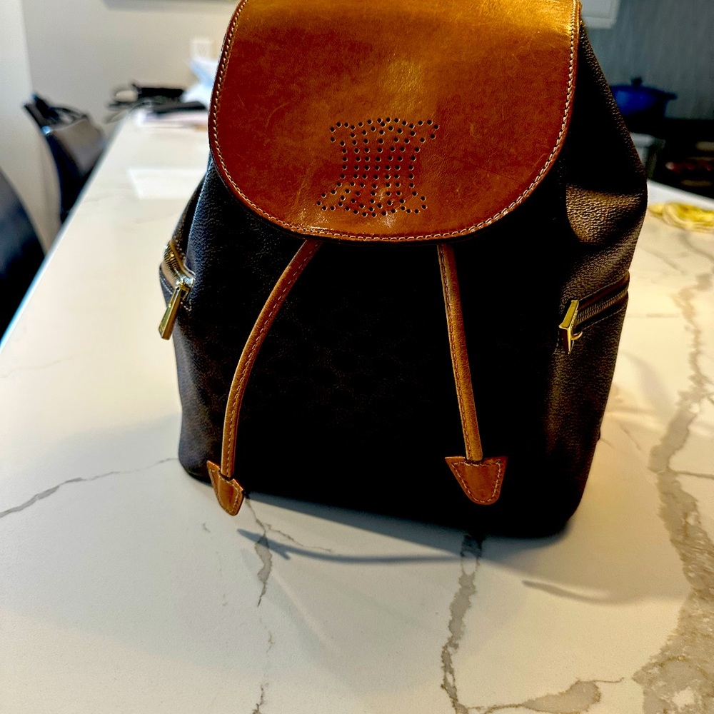 CELINE Macadam Backpack Side Zipper Pockets Single Flap & Drawstring Closure